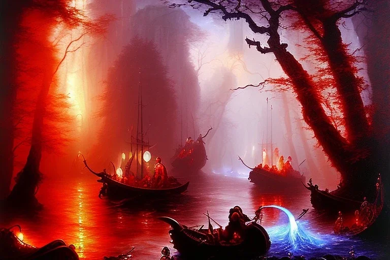 The red hot River Styx leading to hades, Charon, Impressionist brush strokes, high detail, dark dull color, oil painting,