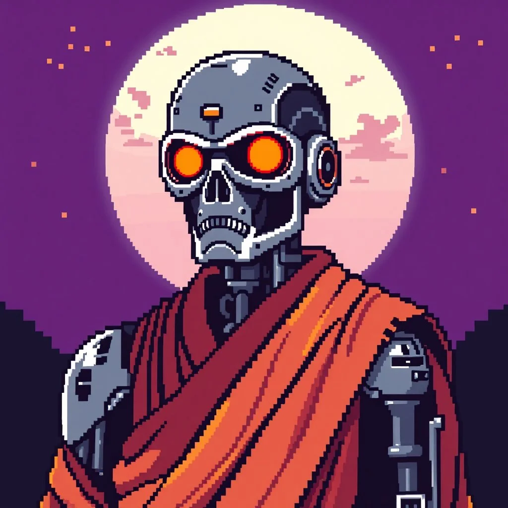 8 bit pixelart of a terminator like robot, synthwave, budist monk robe