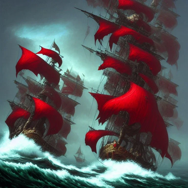 11 pirate warriors in dark red armor, charging off their ship, a highly detailed illustration, background of giant crashing ocean waves, realistic render, 8 k, micro detail, intricate, elegant, centered, digital painting, Artstation, smooth, sharp focus, illustration, artgerm, tomasz alen kopera, peter mohrbacher, donato giancola, joseph christian leyendecker, wlop, boris vallejo