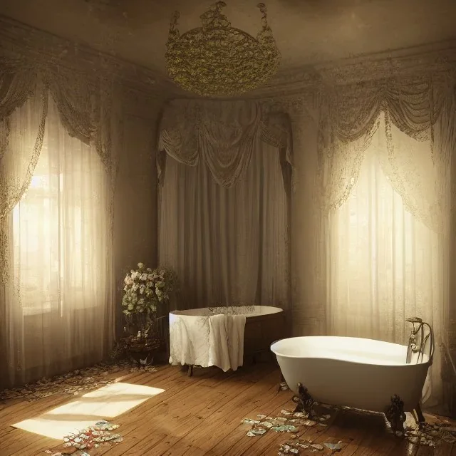 a gorgeous, stunning spa with gauzy curtains, ornate bath, dark wood floor, decorative foliage, candles, flowers, 8k resolution, high-quality, fine-detail, digital art, detailed matte, volumetric lighting, illustration, 3D octane render, brian froud, howard lyon, selina french, anna dittmann, annie stokes, lisa parker, greg rutowski, George Grie, Ben Goossens, Igor Morski