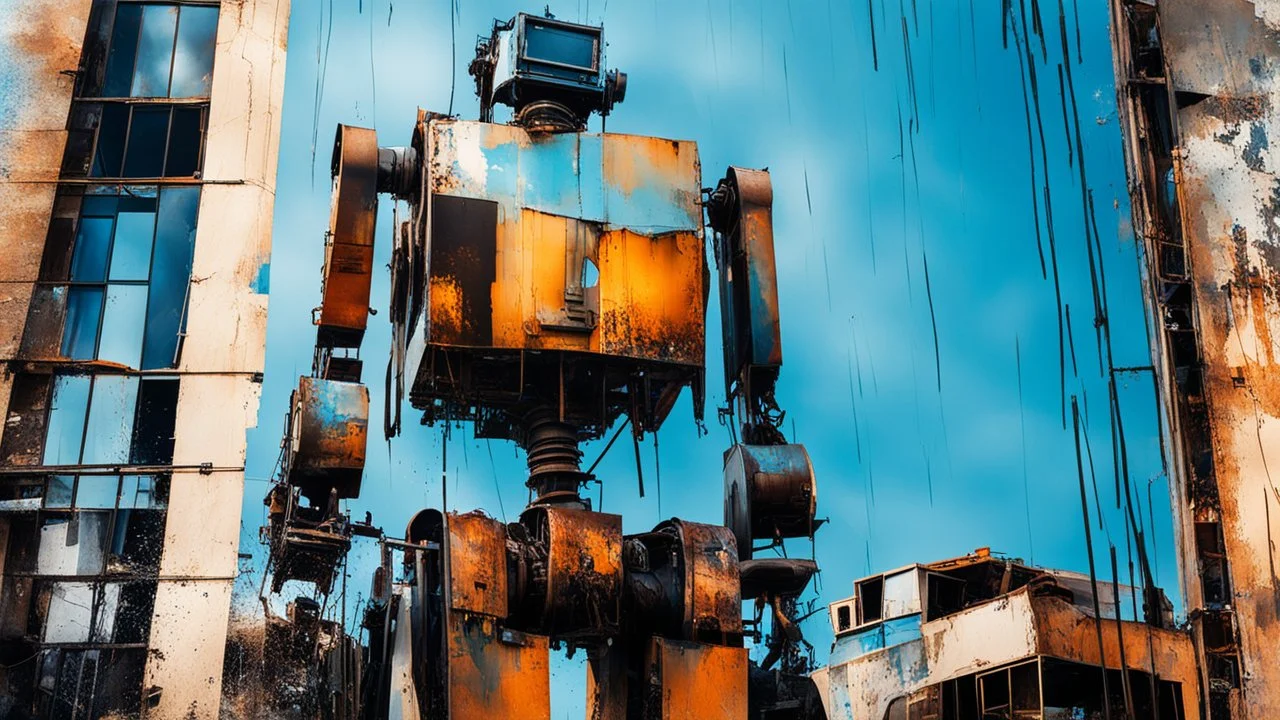 double exposure photo of urban decay and dancing crazy rusty scrap robot, pseudo photo-realism, negative space, amazing reflections, excellent parallels, great verticals, juxtaposition shock, wet print, ink leak, colors of light sky blue and beige and black