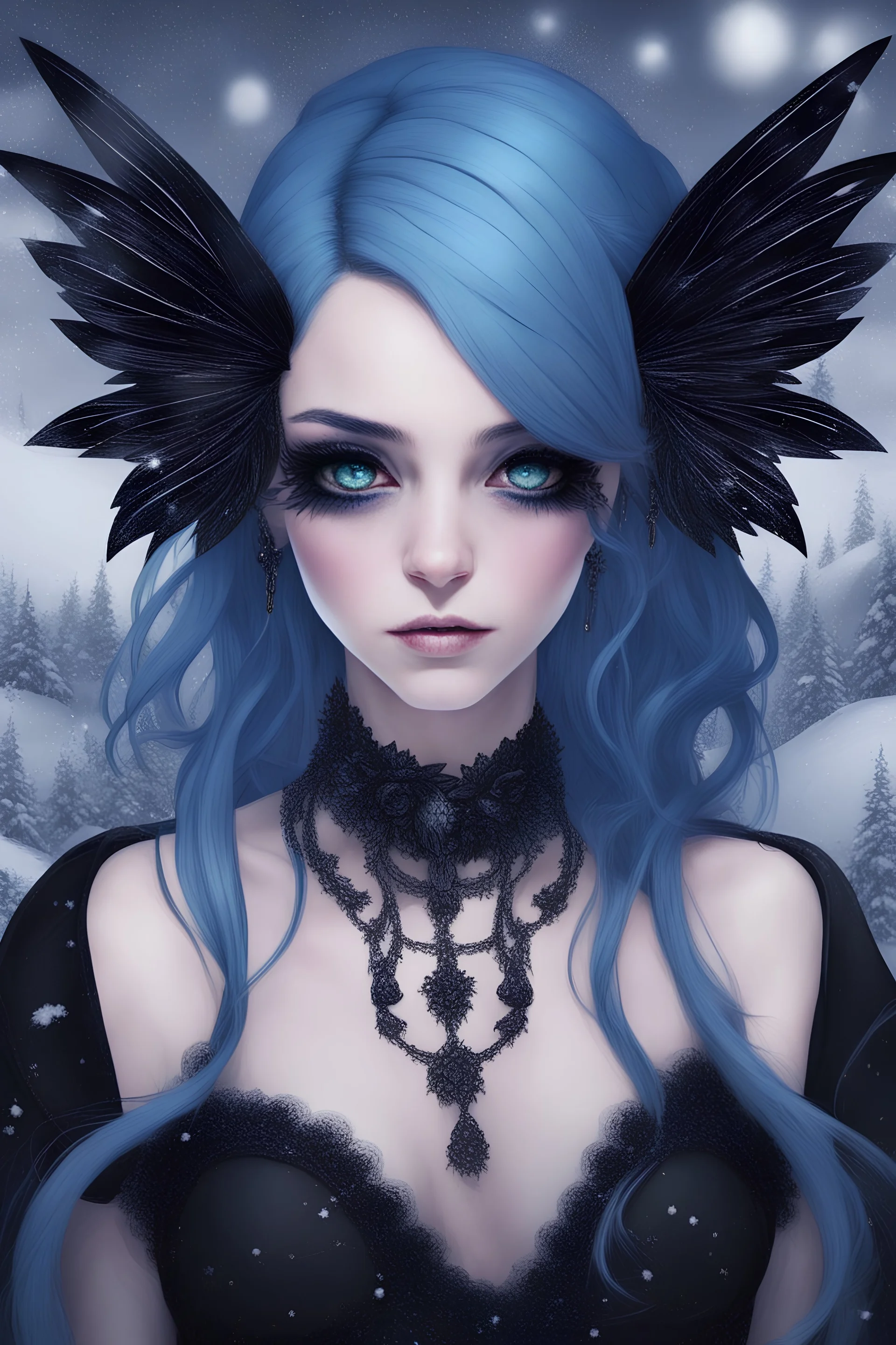 blue hair; goth fairy; black wings; snow on the ground; night