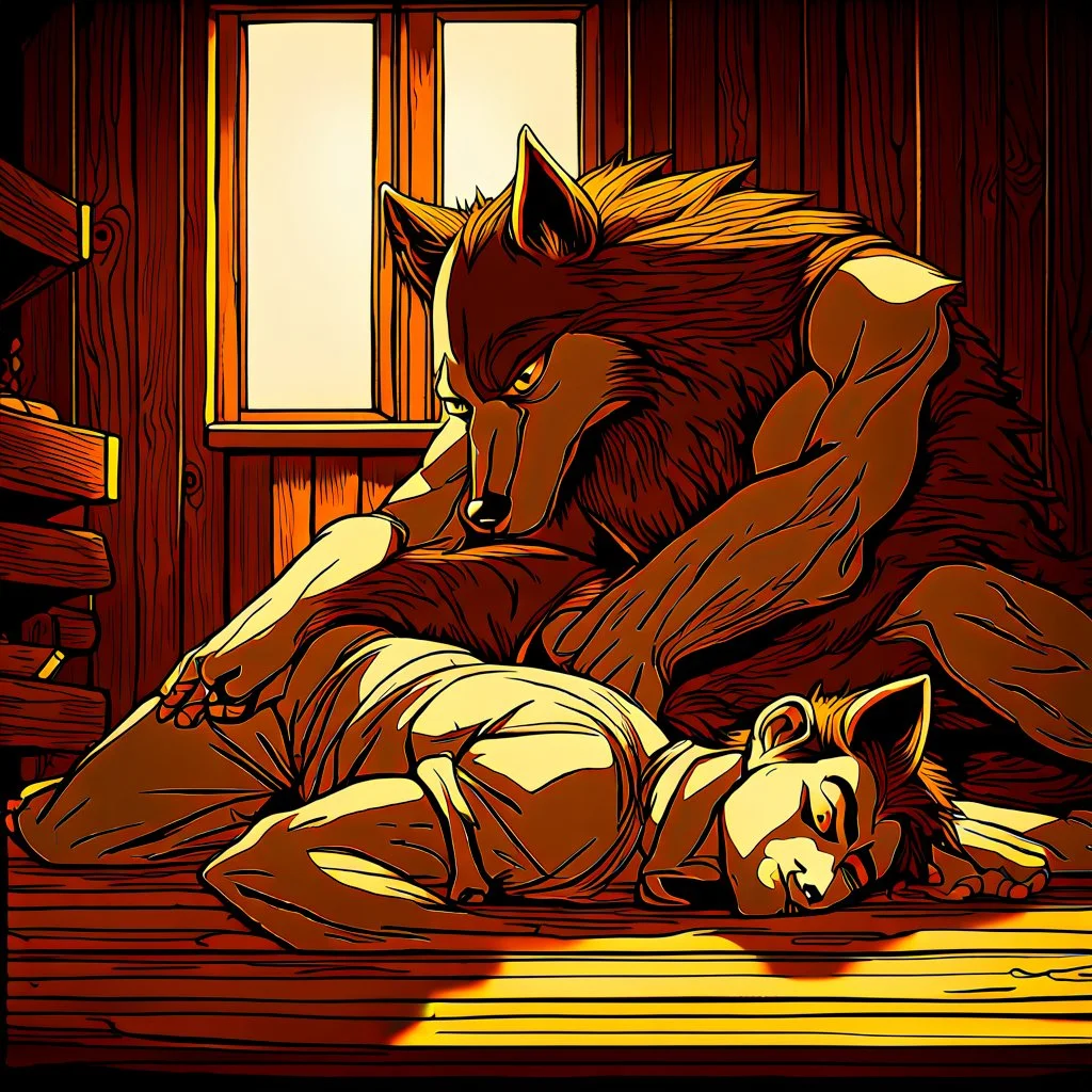 an anthropomorphic wolf in brown bodyhair lying on stomach and an younger anthropomorphic wolf massage his back. The background rustic wooden room features wooden walls with a few pinned papers . relaxed mood, realistic, detailed, cinematic, dark fantasy style
