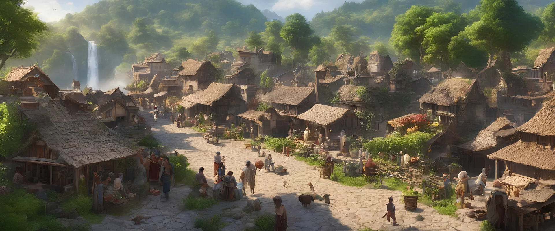 A busy outdoor village market, in a beautiful outdoor countryside summer scene, with distant hills & fields, many intricate dwellings, many animals, many pathways & stairways, waterfalls, & a waterwheel : very high detail, photorealistic, epic cinematic, 8K, Large depth of field