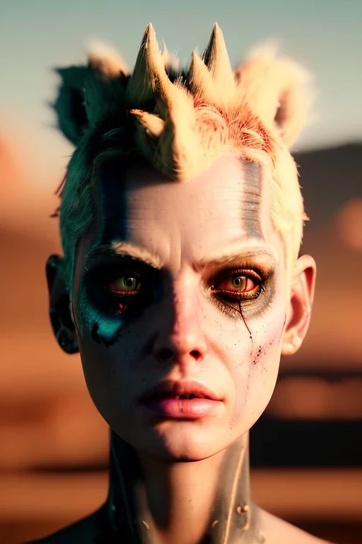 Fashion Portrait, tank girl, make up, natural busty, mad max style, glow eyes :: desert scene :: cinematic, Ultra realistic, wide angle view, soft color, highly detailed, unreal engine 5, RTX, ultra detail, volumetric lighting, 3d, finely drawn, high definition.