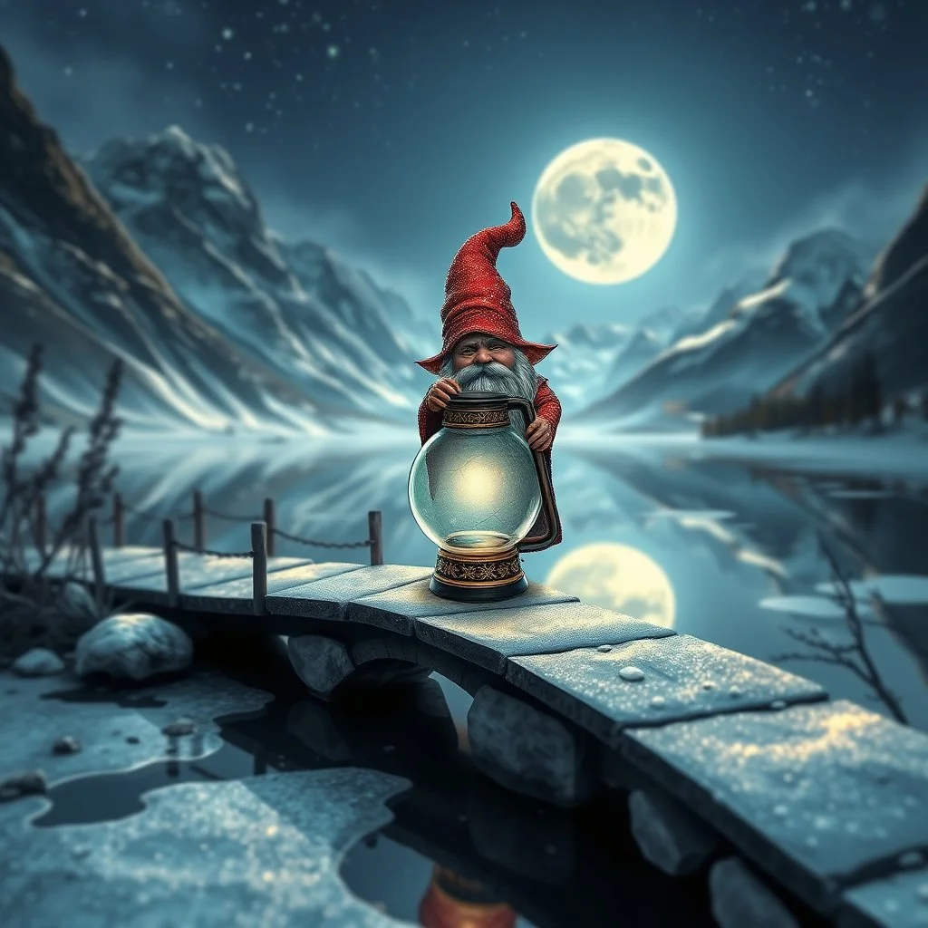 airbrush and pen outline, a glittering Deep Gnome (Svirfneblin) holding huge glass bucket lantern balancing on frozen bridge pond, huge mountains and moon reflecting on pond, goa psy ambient in the style of vangelis and fsol, source vibrations, bokeh like f/0.8, tilt-shift lens 8k, high detail, smooth render, down-light, unreal engine, prize winning