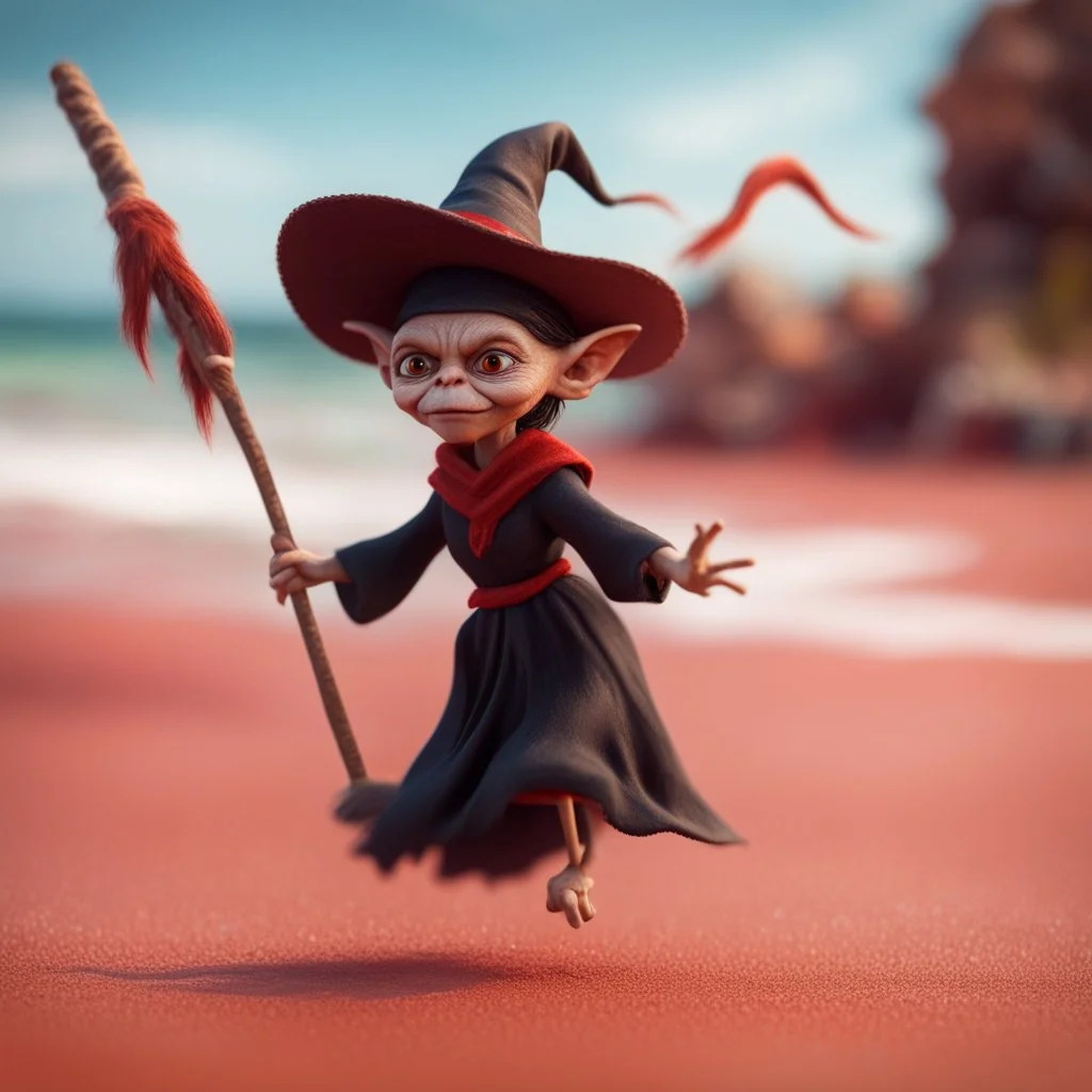 elongated gremlin flying broomstick female witch on a red sand beach ,bokeh like f/0.8, tilt-shift lens 8k, high detail, smooth render, down-light, unreal engine