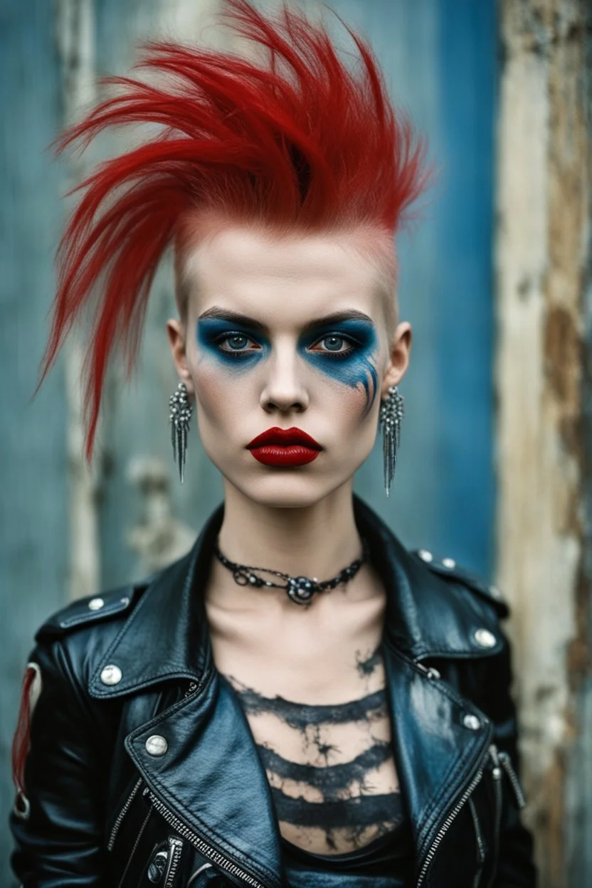 photo of a beautiful Polish young punk woman taken by a Mamiya M645 camera with portrait lens on colour medium-format film, red lips, blue eyes, red mohawk, black leather jacket, Ramones style, heavy boots, fishnet stockings, torn t-shirt, nosering, few earrings, belly ring