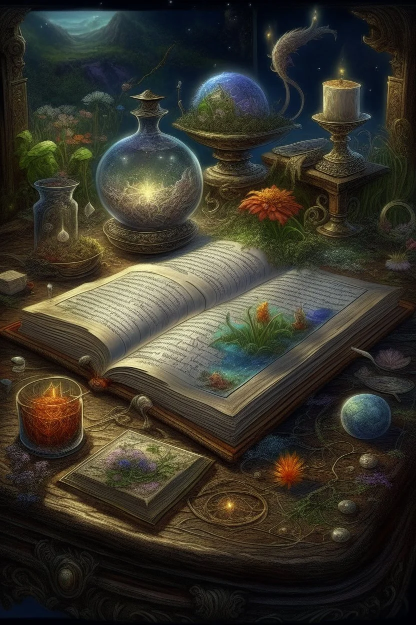 magic An illustration to an ancient reference book of the dwelling of fairy-tale characters, graphics, text with symbols, an alchemist's laboratory. realistic, scientific, detailed, patterns, cobwebs, decoupage of garden flowers,fabulous,hyperrealism,microdetalization,surreal,drawing,clear outline,color illustration,aesthetics,mystical landscape,dark botanical,dark fantasy,multicolor,detailed,threads,fibers,ambient clarity,volumetric,hyperdetalization,