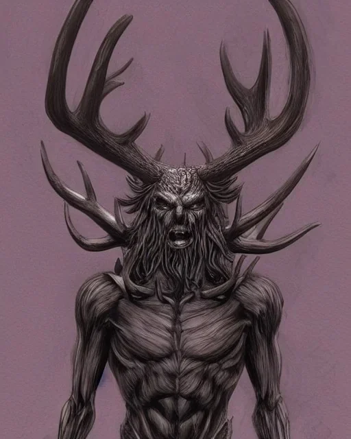 humanoid figure monster with antlers, highly detailed, digital art, sharp focus, trending on art station, kentaro miura manga art style,