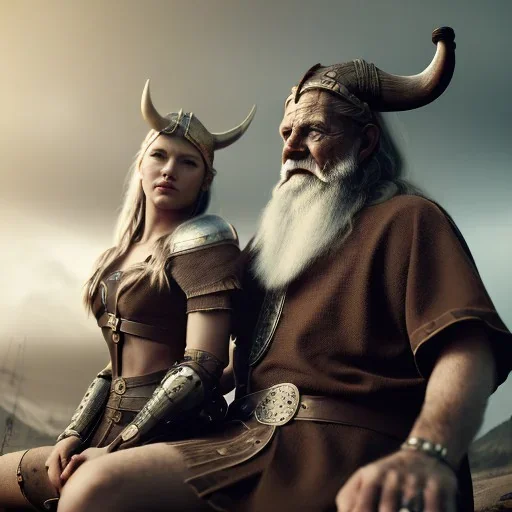 Viking theme, a younger woman sitting next to a 50-year-old man, portrait, 8K, close-up face, anatomically perfect face, Highly detailed stunning full frame portrait, misty and cloudy atmosphere