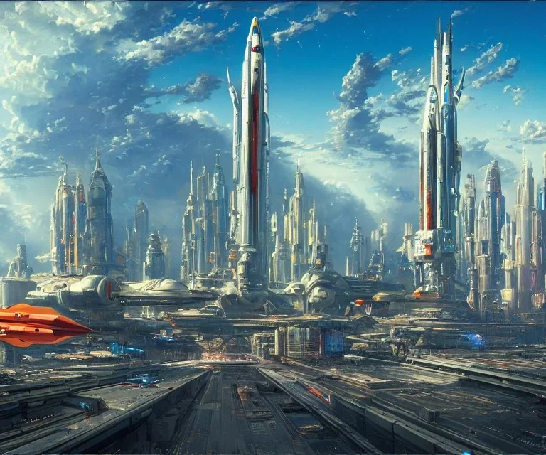 Spaceport on a heavy industrialized planet with a vibrant city in the background and a starting spaceship in the foreground, art by John Berkey, buildings with glass facades, Brutalität architecture, insanely detailed, vibrant, 8k uhd, cinematic atmosphere, ultra-wide angle, street level view, brush strokes, blue sky with clouds, sharp focus, centered