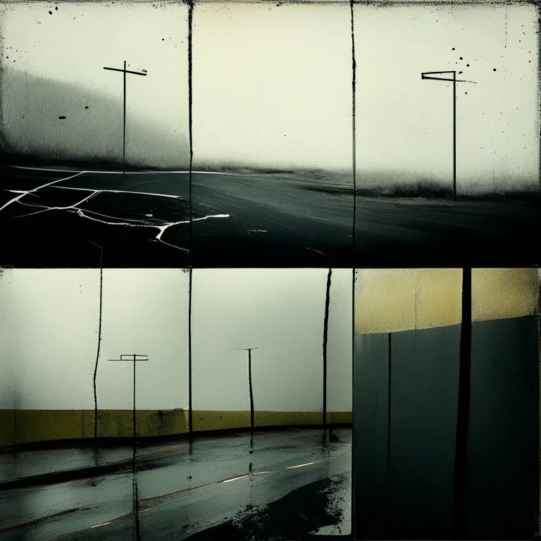 Minimal abstract oil paintings desolate 1960s carpark concrete fragments in a rain storm. style of Justin Mortimer and Francis Bacon. road markings.