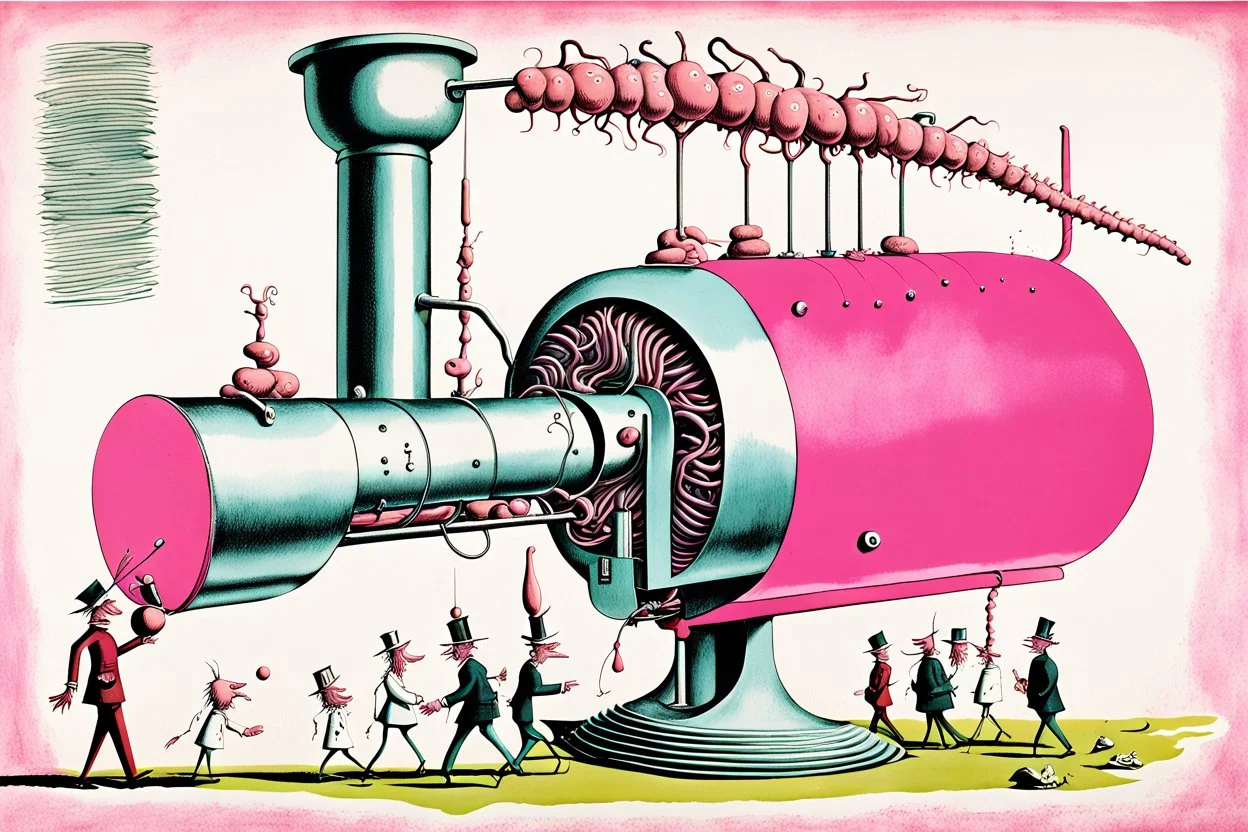 Album art by Gerald Scarfe, by Yves Tanguy, side view of a surreal english school shaped like a sausage maker machine with a mechanical crank, uniformed faceless students walk in one end and pink slime sausage strands are squeezed out the other end, surreal, digital art, sardonic, splash art.