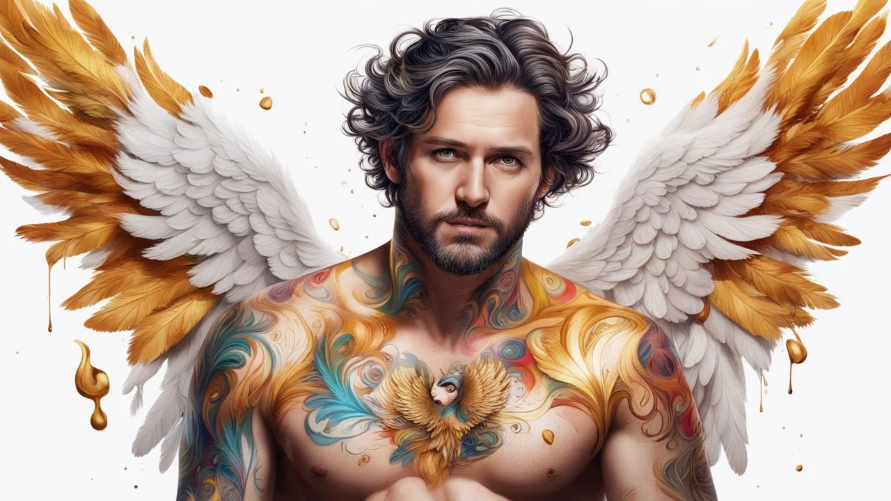 white background, 35-year-old man angel, fine rendering, high detail, 8K, drips, bright colors, HD photography, feathers flying, swirls, gold, tattoo, apple