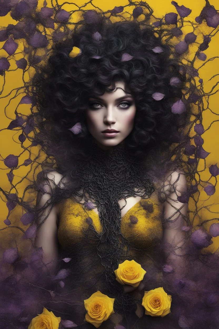 abstract creation of a beautiful girl with black curly hair, surrounded by black roses, wrapped in thick metal chains, glass petals on the ground, autumn and bright yellow and purple colours,dried out thorn bush, chaos,