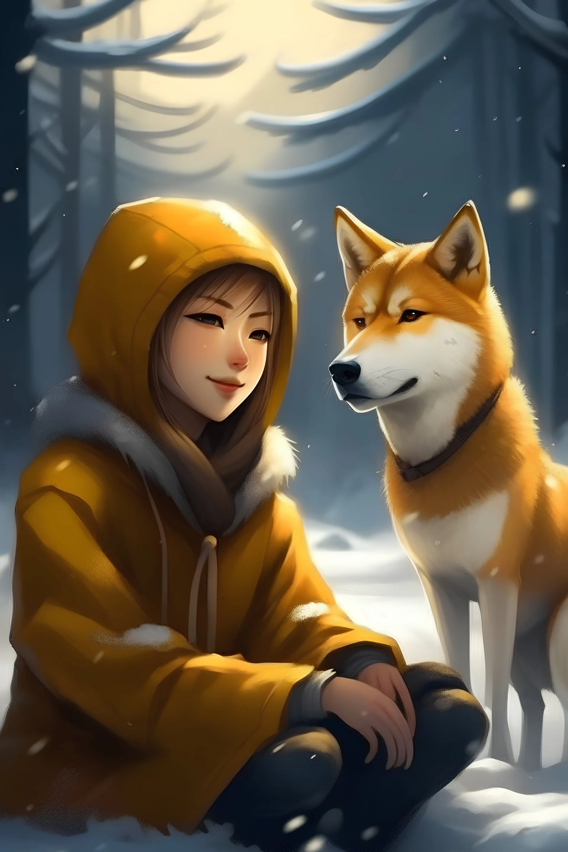 a japanese woman, sits next to golden shiba dog, winter, snow, we see her face, crystal, happy, digital art, 4k