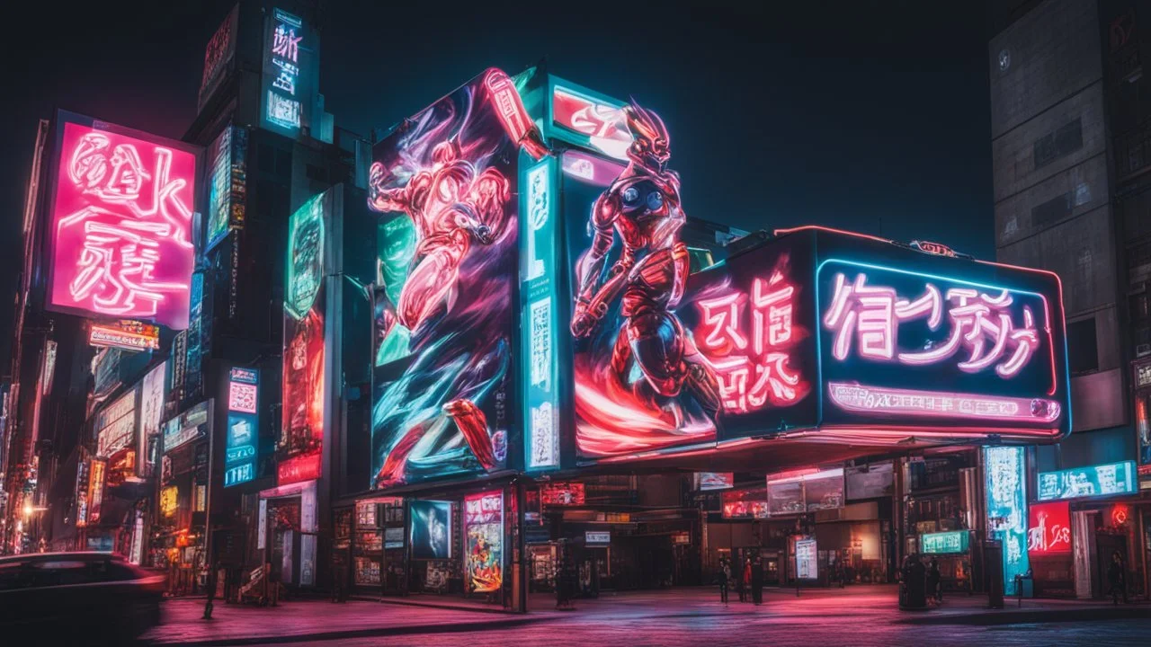 a billboard branded Odk Tokusentai in neon light, in the city center, at night.