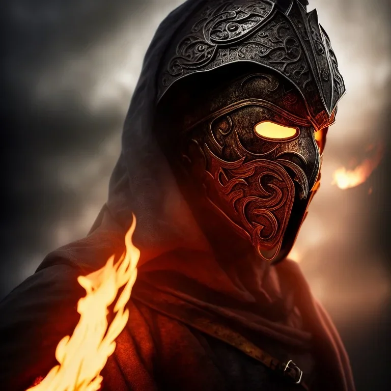 warrior walking into the flame, cinematic, HDR, highly detailed, mask cover whole face and hood, scull mask, ProPhoto RGB, Half rear Lighting, nsane details, intricate details, 32k, Super-Resolution, DOF, Color Grading, Depth of Field, ghost, messenger of death, non photorealistic rendering