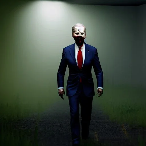 Ultra realistic image, joe biden zombie, zombie performance, skull, grey glow eyes. green blood, torn arm, night, walking twisted, waist up view, thriller style, dark ambient, highly detailed, White House background, concept art, unreal engine 5, god rays, ray tracing, RTX, lumen lighting, ultra detail, volumetric lighting, 3d, finely drawn, high definition, high resolution.