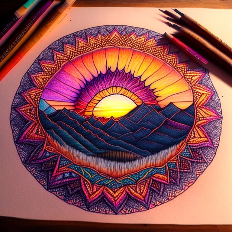 Mandala drawing with colored pencils of a sunset in the mountains.