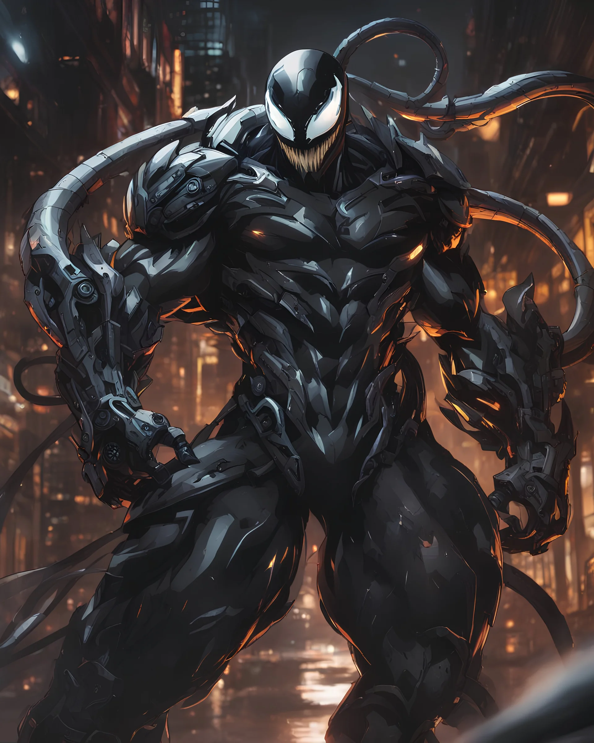Venom mix with machine in solo leveling shadow artstyle, cyberpunk them, intricate details, highly detailed, high details, detailed portrait, masterpiece,ultra detailed,best quality
