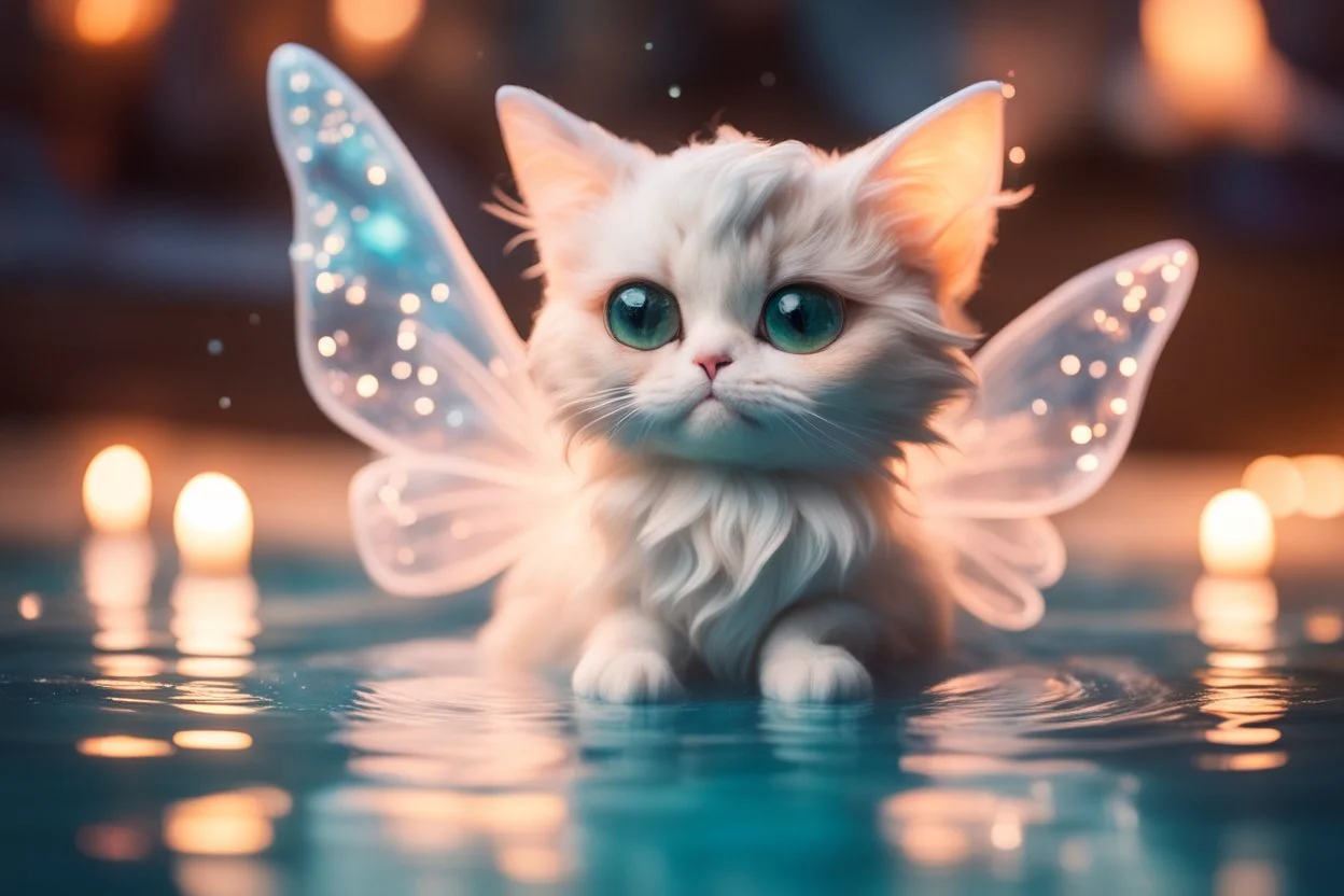 cute chibi cat fairy in a pool in spa in candlelight, ethereal, cinematic postprocessing, dof, bokeh