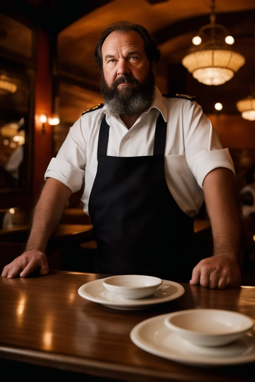 half figure shot photography of a 44 years old serious sicilian waiter in uniform, similar to Bud Spencer, bearded chubby man with hands in the pockets, in an empty restaurant, bulge, bullneck, manly chest, unshaved, short hair, photorealistic, dim light , side light, view from the ground