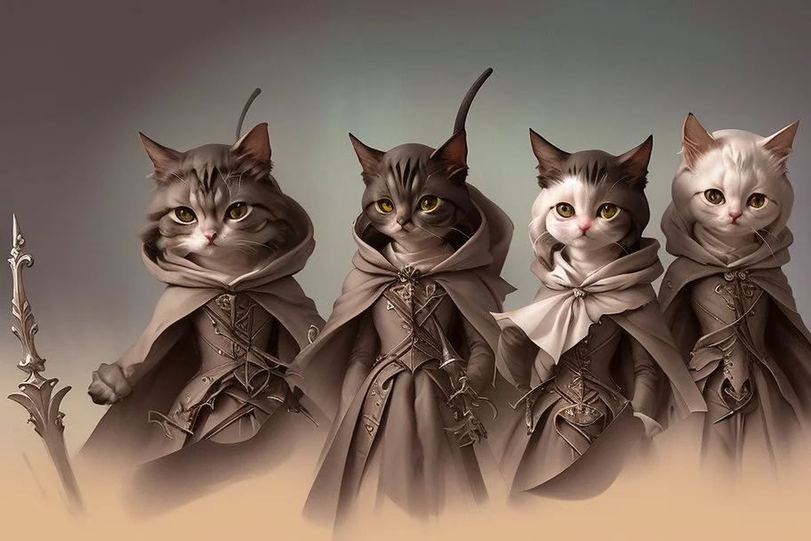 Three musketeers cats dressed in capes with fleurs de lys and hats, armed with rapiers Endre Penovac ink Nicolette Ceccoli cute character Ashley Wood, Daniel Gerhart, Thomas Saliot comic Naoto Hattori oversized eyes