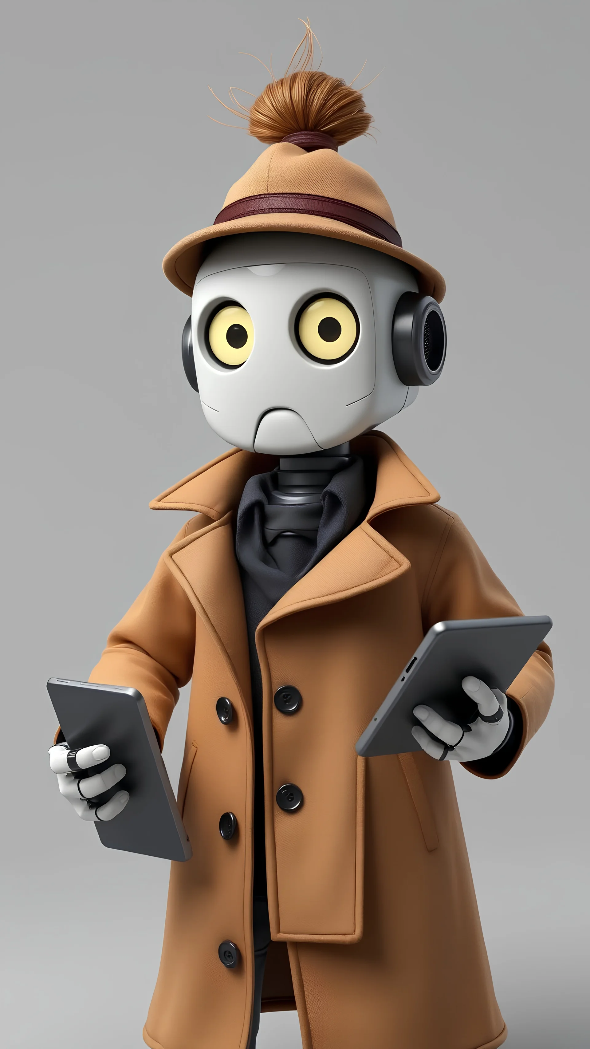 Create a realistic 3D view of a surprised question mark robot tied in a bun, wearing a trench coat and detective hat. The image should show the robot in full body and in a dynamic state. He should make a surprised and questioning face while holding a tablet in the other hand. Your expression should be one of surprise or impact, as if you have just discovered something important. The image should capture the moment of discovery by paying attention to the details in the clothes and accessories. Th