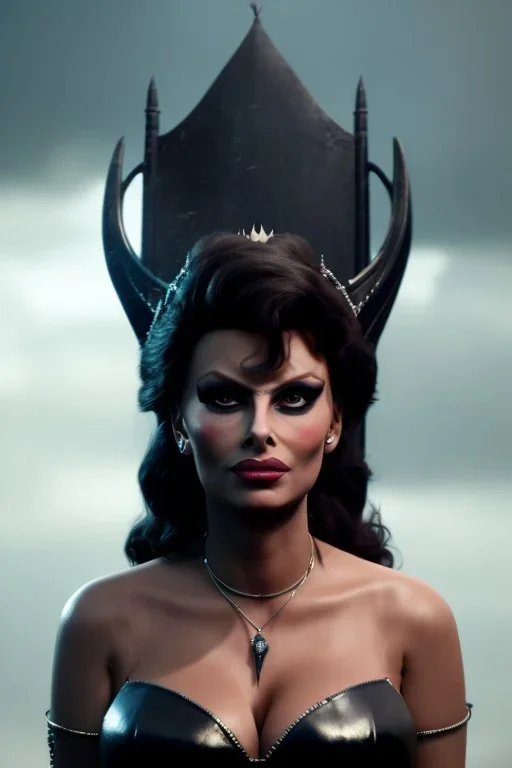 young sophia loren as evil queen in black leather, angry, stern look, volumetric lighting, particales,highly detailed,cinematic, deep colours,8