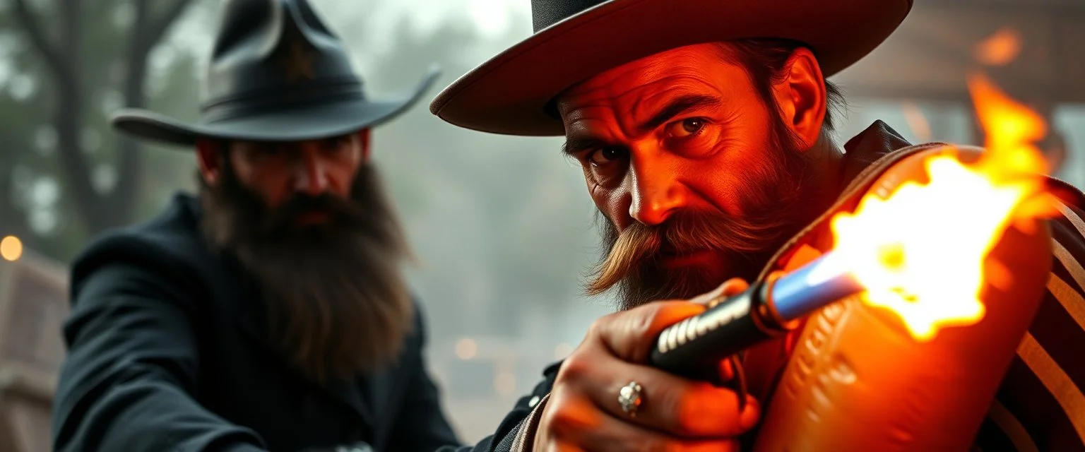 fast draw,mean looking amish macho mafia thug in hot dog duel