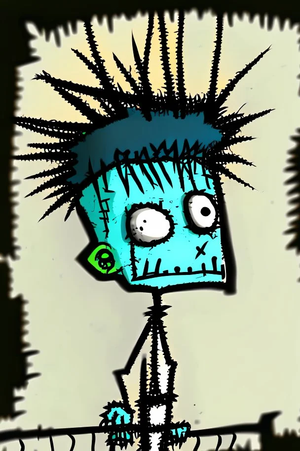 2d drawing of a stickman, cool with punk hair, x eyes like in hangman, driving a porch, 3d realistic in colour