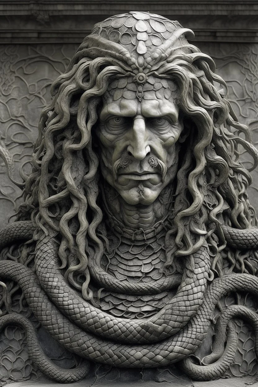 sculpture of handsome man with long curly hair and a snake , front view . decayed and rotting with grotesque proportions and imagery. abstract grotesqueries, detailed texture, surreal horror, biomechanical design, by hr giger and beksinski