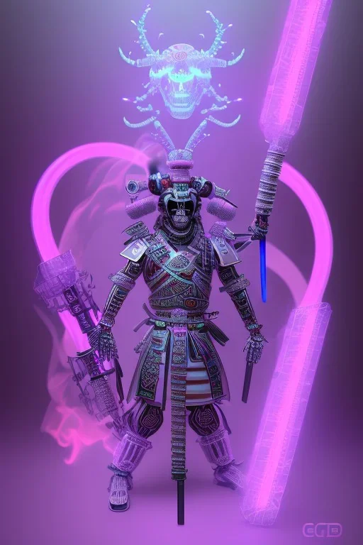 Futuristic Neon crystal skeleton samurai smoke