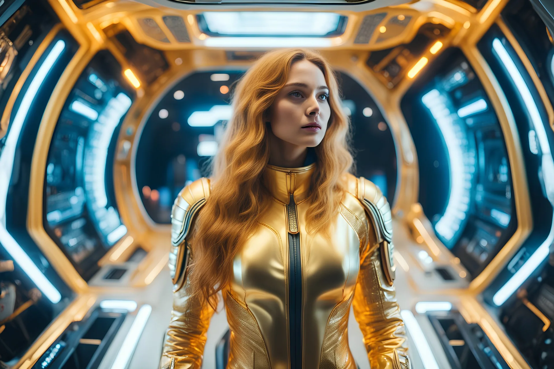 a woman with golden space suit and long hair is inside a spaceship and looks the cosmos through the spaceship big window, spaceship interior is bright with beautiful plants and design furnitures, cinematic effect, 4k, windows are the focus