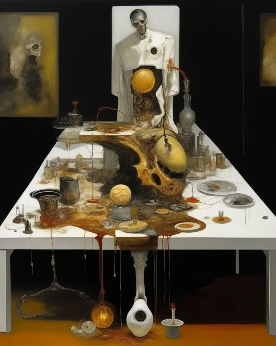 human body, universe-like table,complex surgical instruments mixed with human body-like musical instruments,minimalism,Painting By Adrian Ghenie, Rene Magritte, Salvador Dali, Lucian Freud