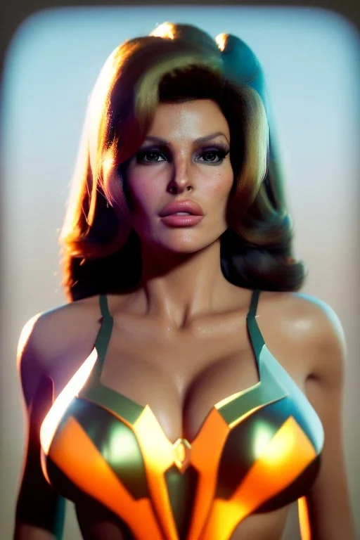 Portrait, Raquel Welch, Ultra realistic, retro futuristic style, Science Ninja Team Gatchaman style, wide angle view, soft color, highly detailed, unreal engine 5, ray tracing, RTX, lumen lighting, ultra detail, volumetric lighting, 3d, finely drawn, high definition.