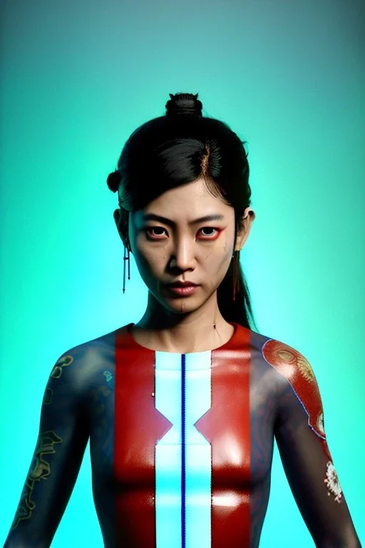 Photo Studio portrait, Asian woman samurai, yakuza body tattoos :: symmetry photography, cyberpunk style :: latex dress, japanese traditional ornaments, red, white, black, led wires, glow eyes, cinematic, Ultra realistic, dark scene, wide angle view, soft color, highly detailed, unreal engine 5, RTX, ultra detail, 3d, finely drawn, high definition.