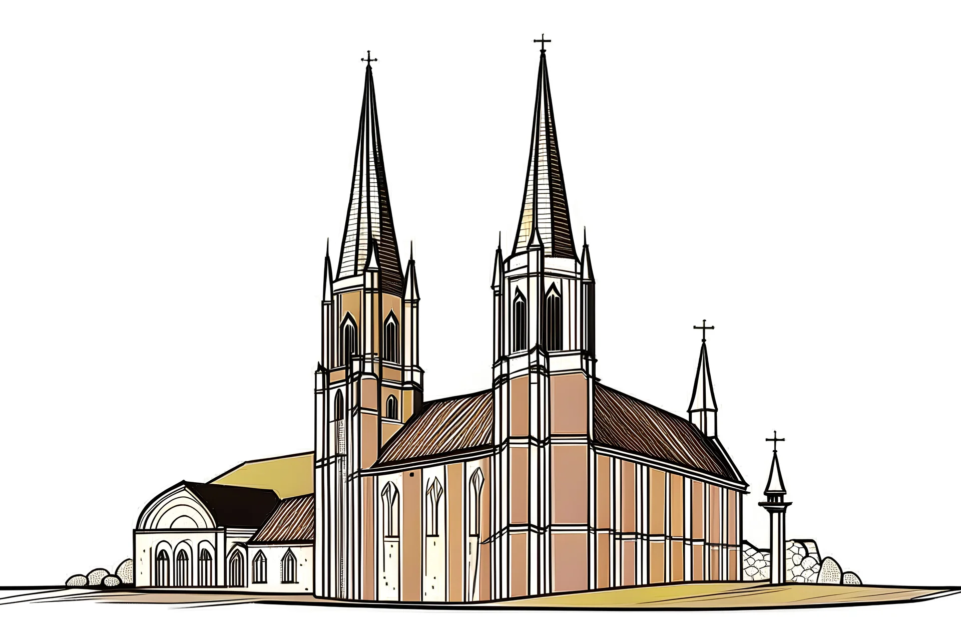 Imagine a simple modern poster inspired drawing of roskilde domkirke in denmark drawn in 2d elevation