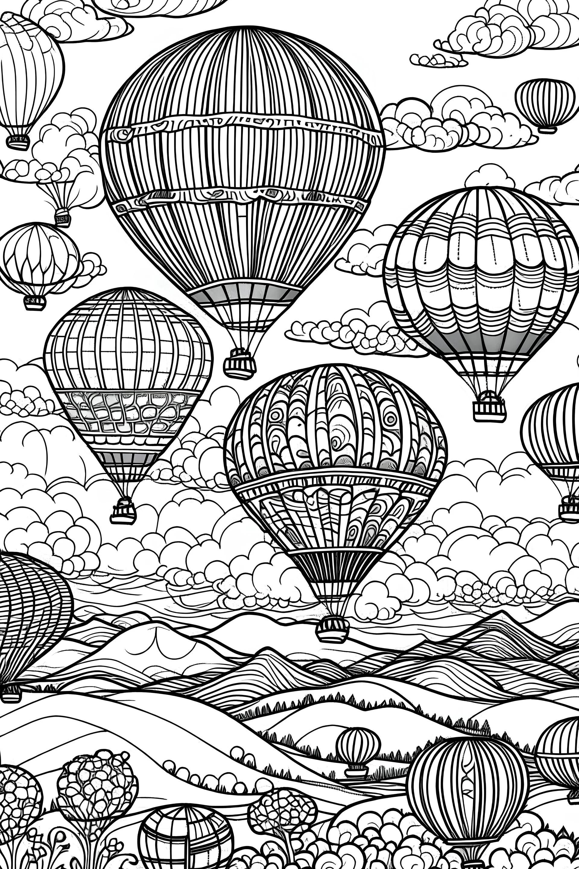 Stress Relief coloring page for kids, Dreamy hot air balloons floating over rolling hills, cartoon style, thick outline, low details, no shading, no color