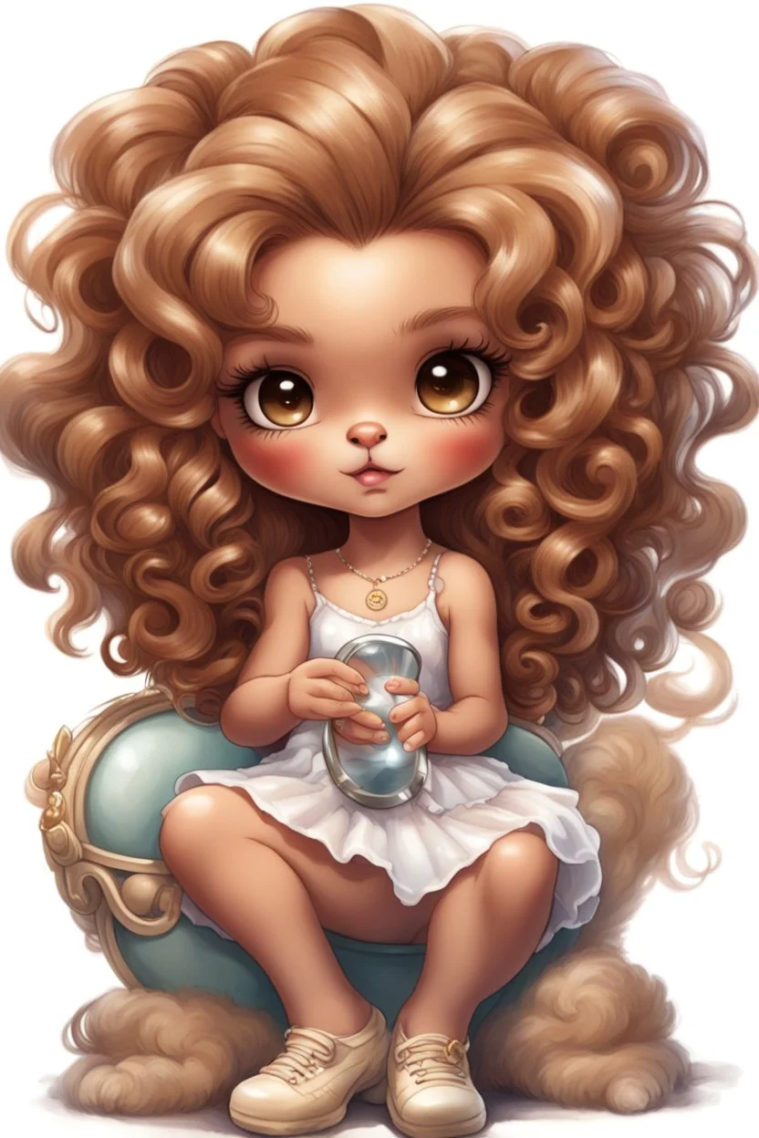 An adorable air brushed cartoon chibi Leo girl sitting crossed-leg, holding a tiny mirror and applying brown lipstick with precise care. Concentrating hard, her giant curly mane and poofy dress give her a cute lion cub look. Despite her small stature, her proud posture and flair represent her lion-like personality.