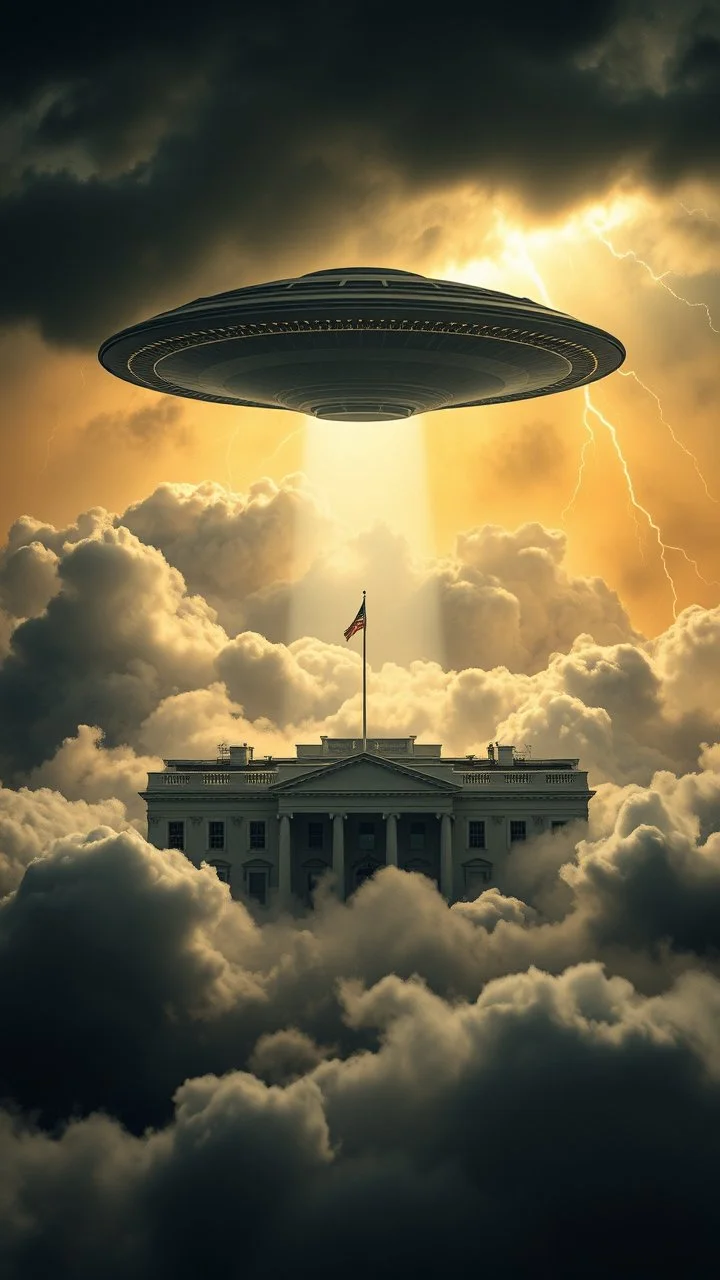 A ufo hovering above the pentagon building hovering above swirling clouds, emerges from the heart of a raging storm. Turbulent winds of steam swirl around the iconic structure, lit by shafts of sunlight that cast dramatic shadows on the A large UFO spacecraft hovering over the White House surrounding clouds. A storm rages and thunder lightsv up the dark sky,