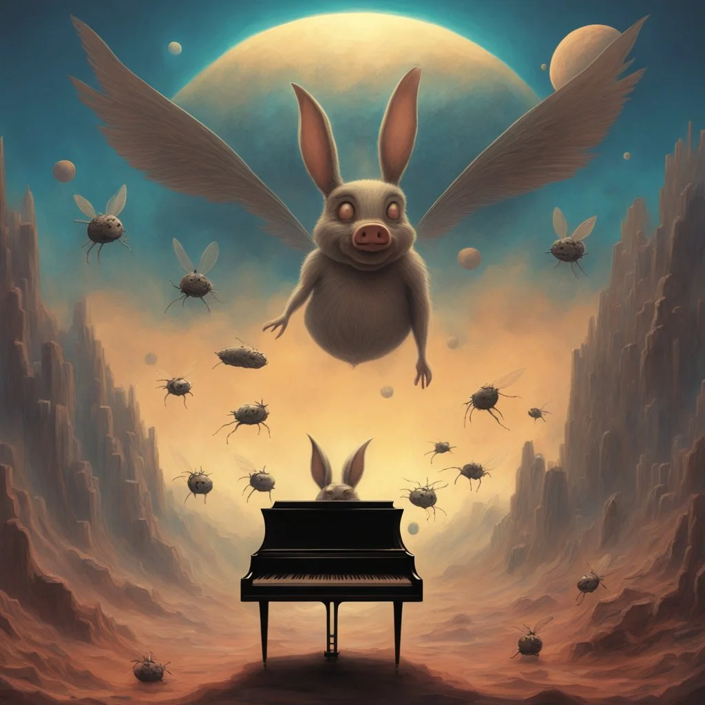 monochromatic black and white bugs bunny composer piano, diffrent planet, one swine pig piggy flying wasp angel, beksinski style daker theme dark black dark black monochromatic