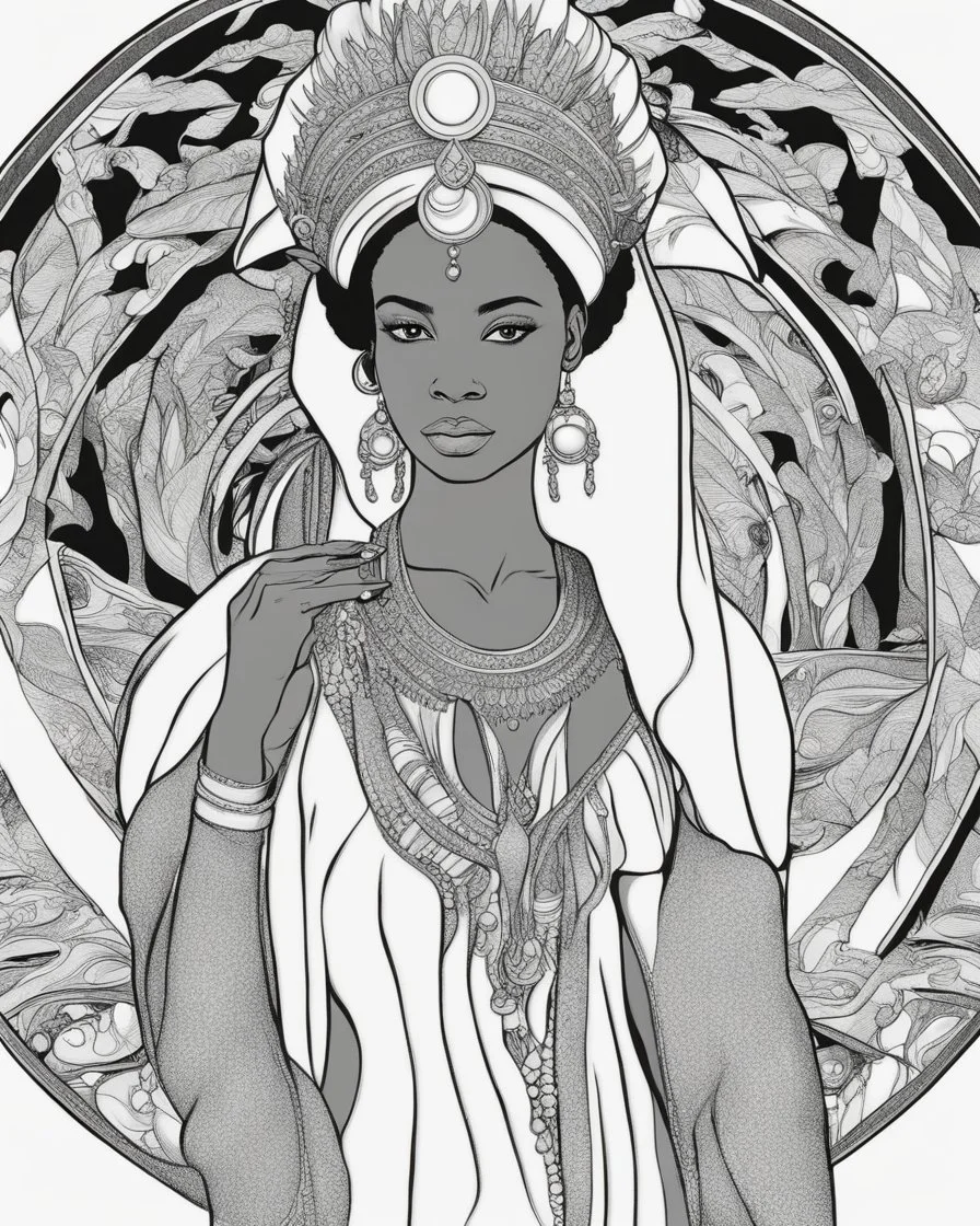 Outline art for coloring pages with queen Nzinga , white background, sketch style, only use black outline, white background, no shadows and well and clear outline , white background, sketch style, only use black outline, white background, no shadows and well and clear outline