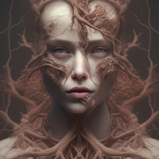 "full face tattoo of leaves and gnarled branches extending past face and morphing into reality, 8k resolution, high-quality, fine-detail, muted colors,intricate, digital art, detailed matte, volumetric lighting, illustration, octane render