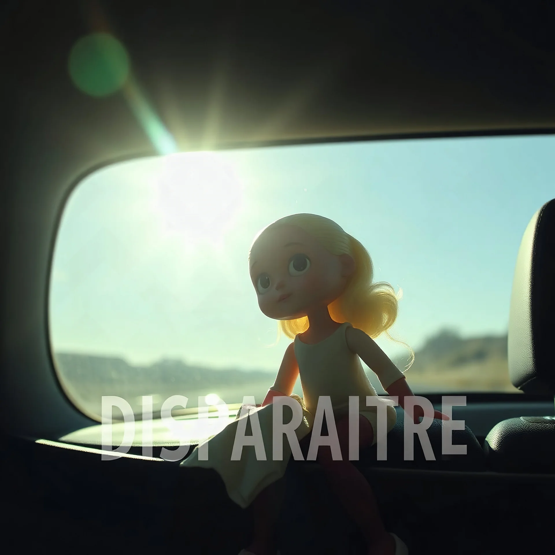poupée qui fond au soleil dans une voiture, derrière la vitre arrière, avec le mot français "DISPARAITRE"