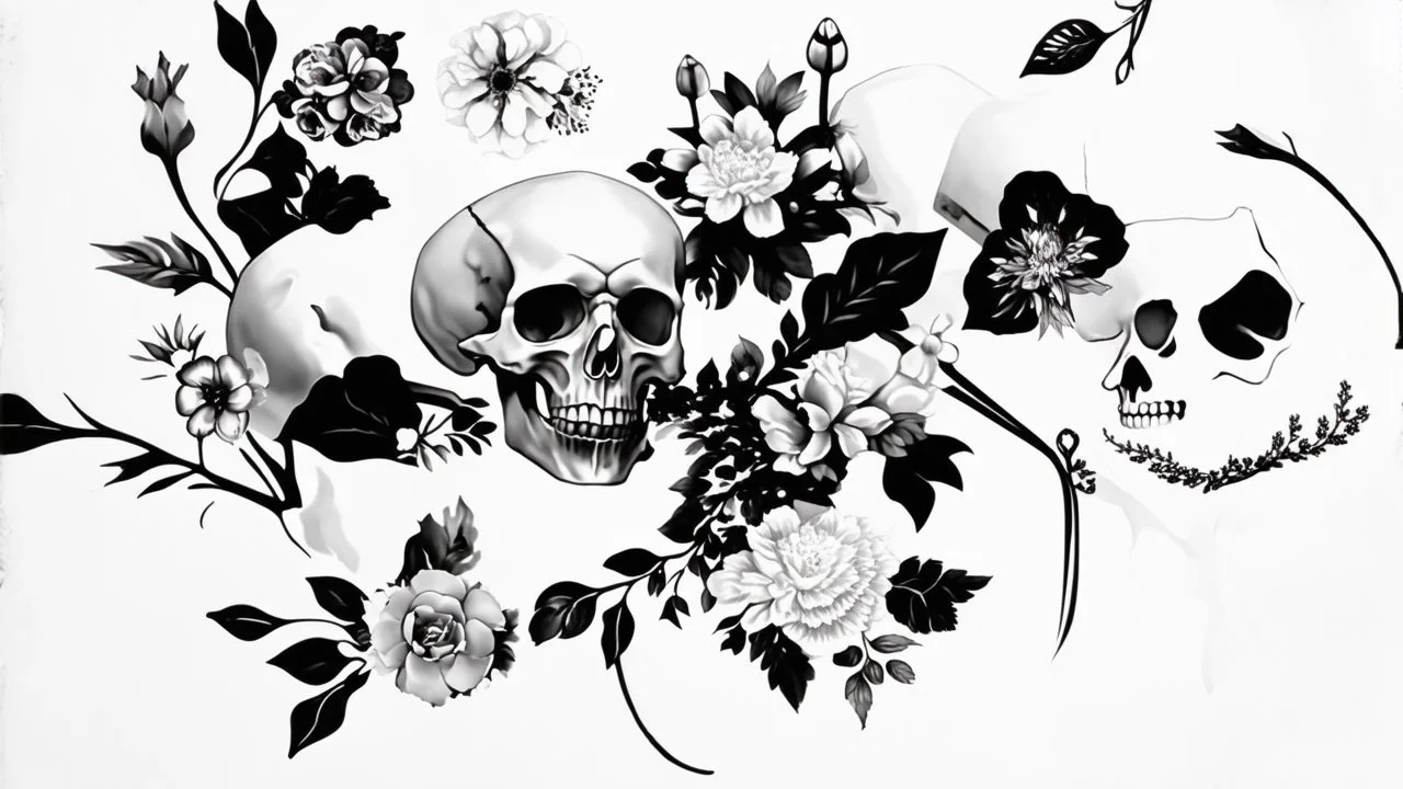 tracery of bones, flowers and skulls, black and white, minimalistic