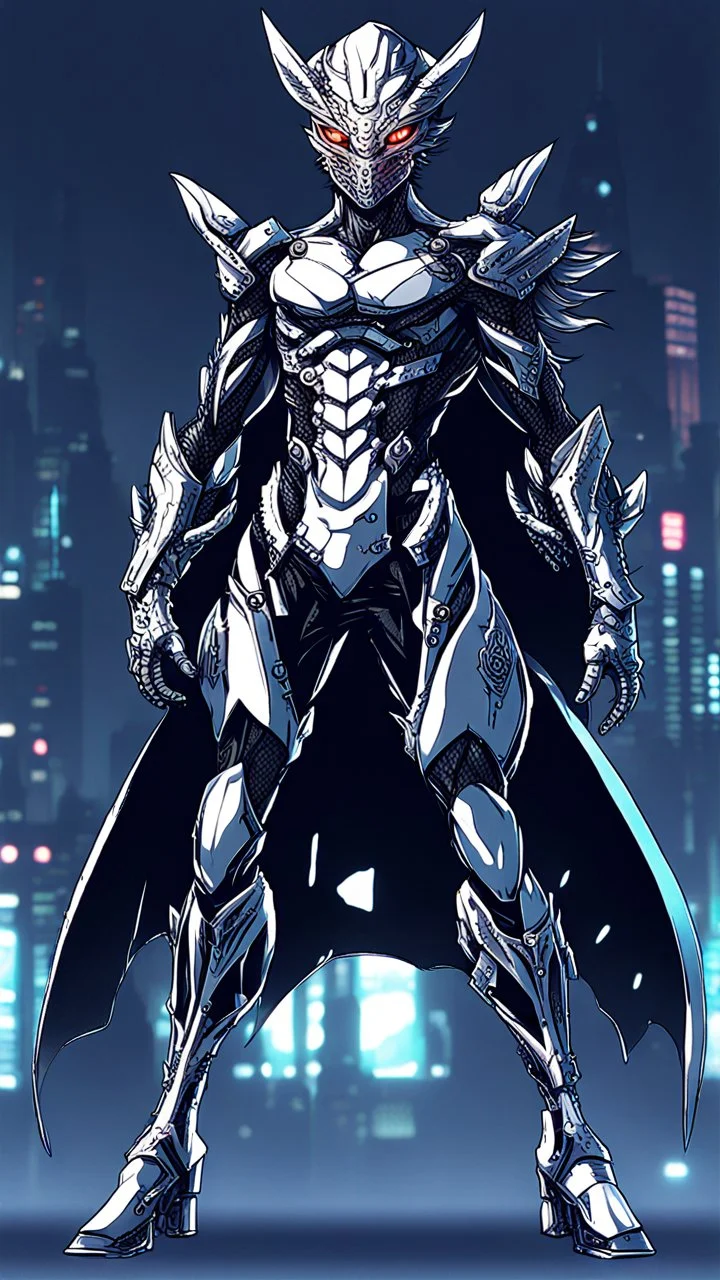 silver skinned anime Dragman cyberpunk with dragon mask in his eyes full body