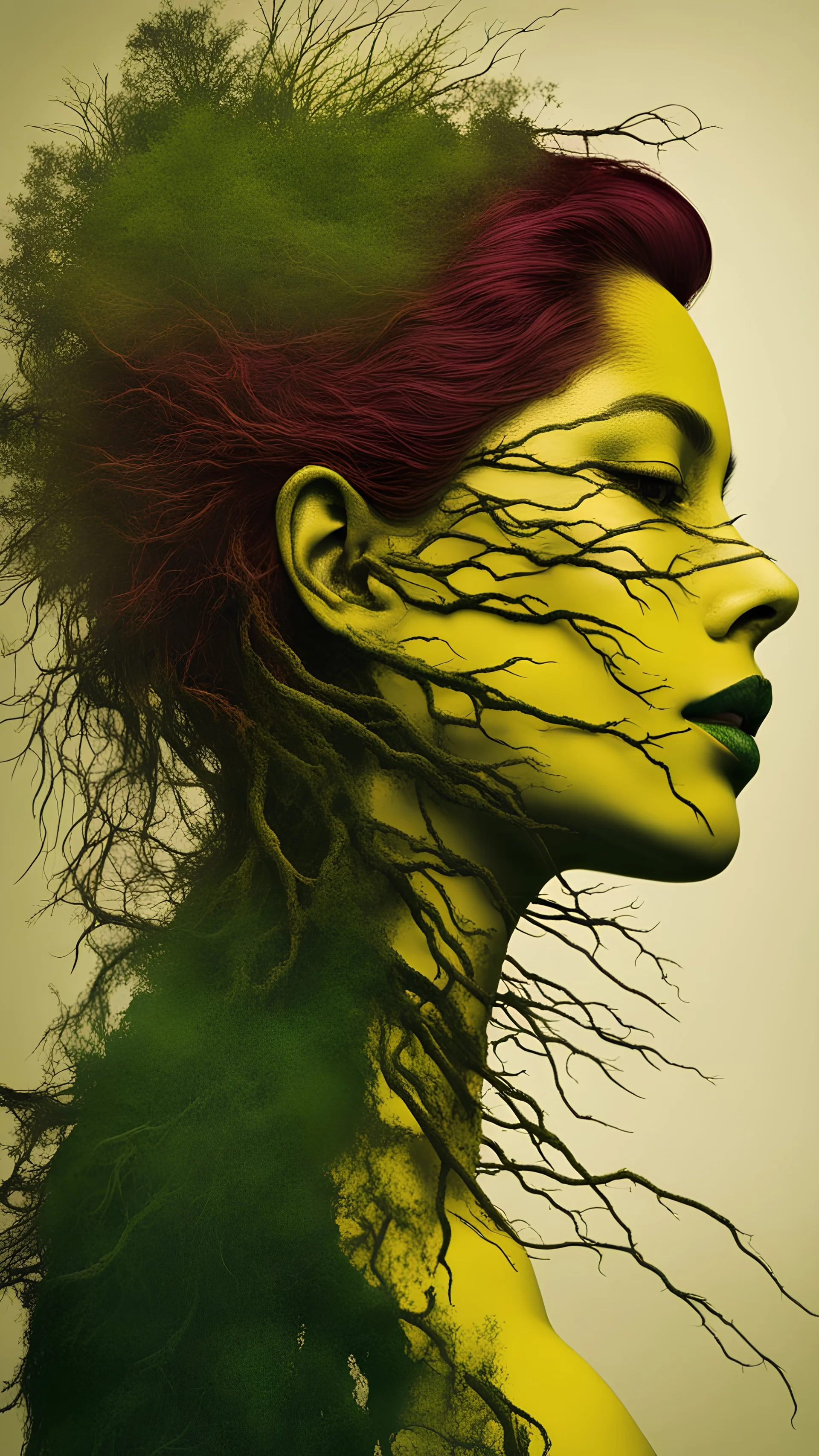 planet as beautiful woman, front facing, roots texture on face, very smooth colors, high contrast, Bordeaux and forest green and yellow, fog